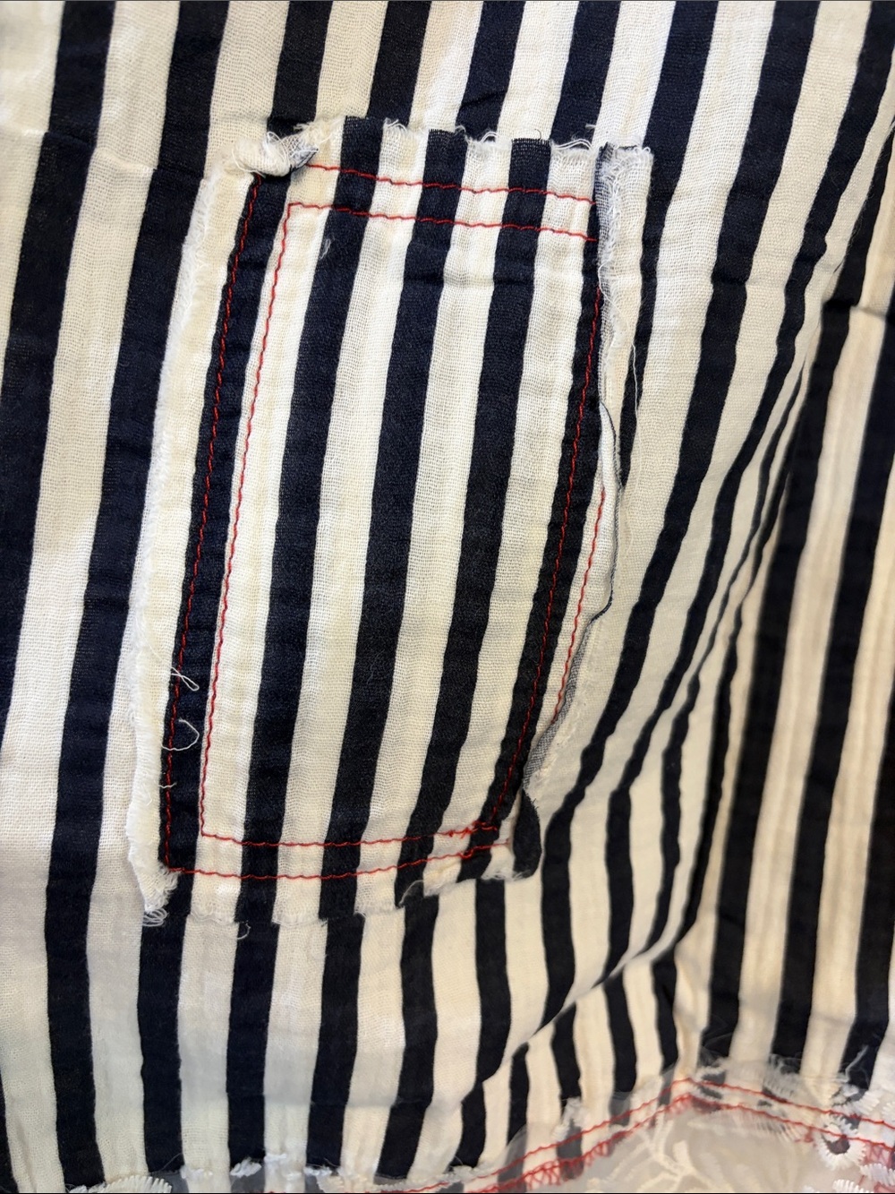 NEW POL Double Gauze Lace See-Through Patch Navy Stripe Woven Pants - Picture 9 of 13